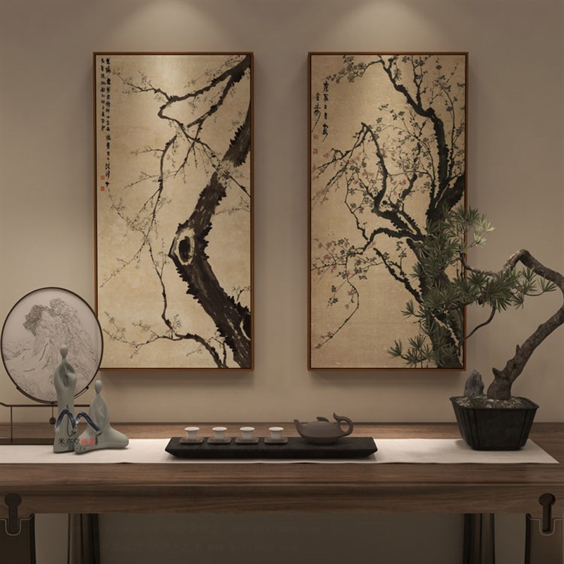 米亦堂x水墨梅花 新中式国画禅意办公室书房餐馆客厅玄关双联挂画