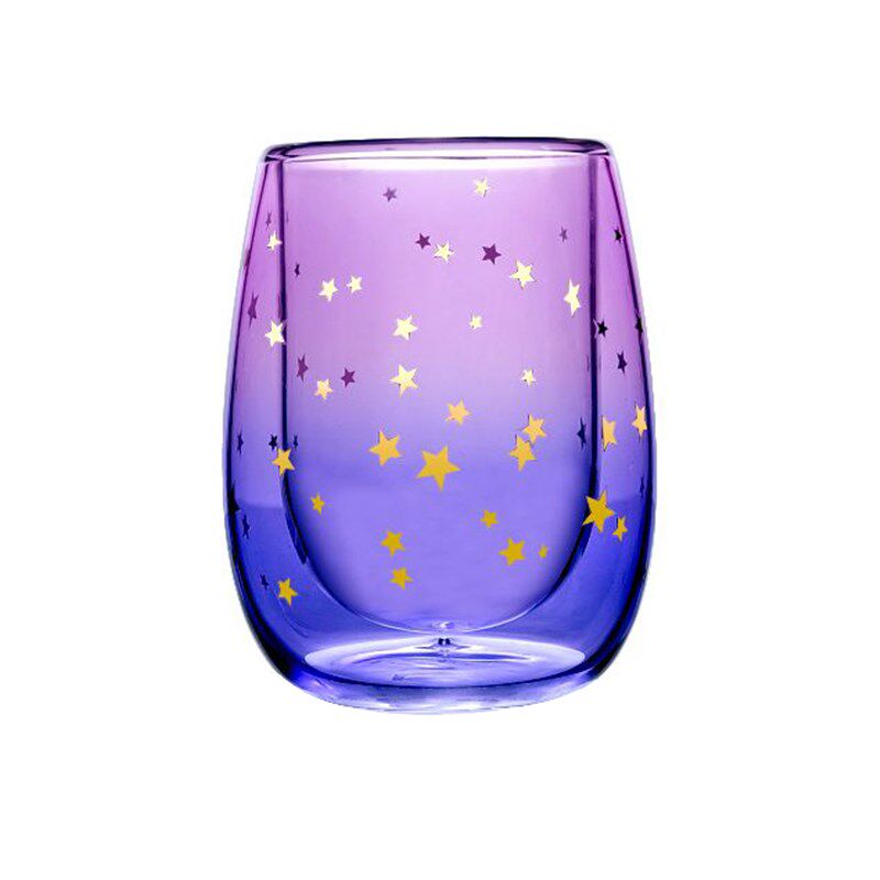 贝璃 玻璃杯小仙女水杯 彩色星空双层杯子圆形大肚水晶杯胖矮圆口