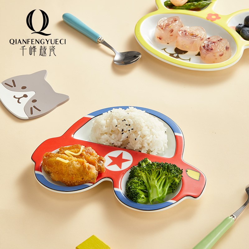 千峰越瓷宝宝婴儿童分格一体式陶瓷餐盘吃饭碗勺子辅食卡通餐具