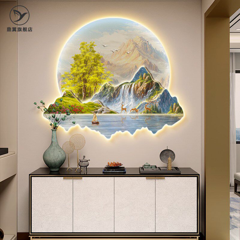 新款聚宝盆山水风景画玄关装饰画入户进门走廊高档带灯壁画高级感