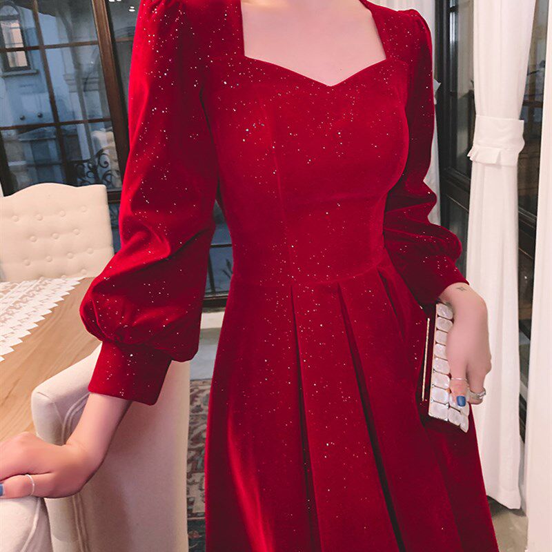 春秋季新娘敬酒服2024新款方领订婚回门日常可穿长袖晚礼服连衣裙