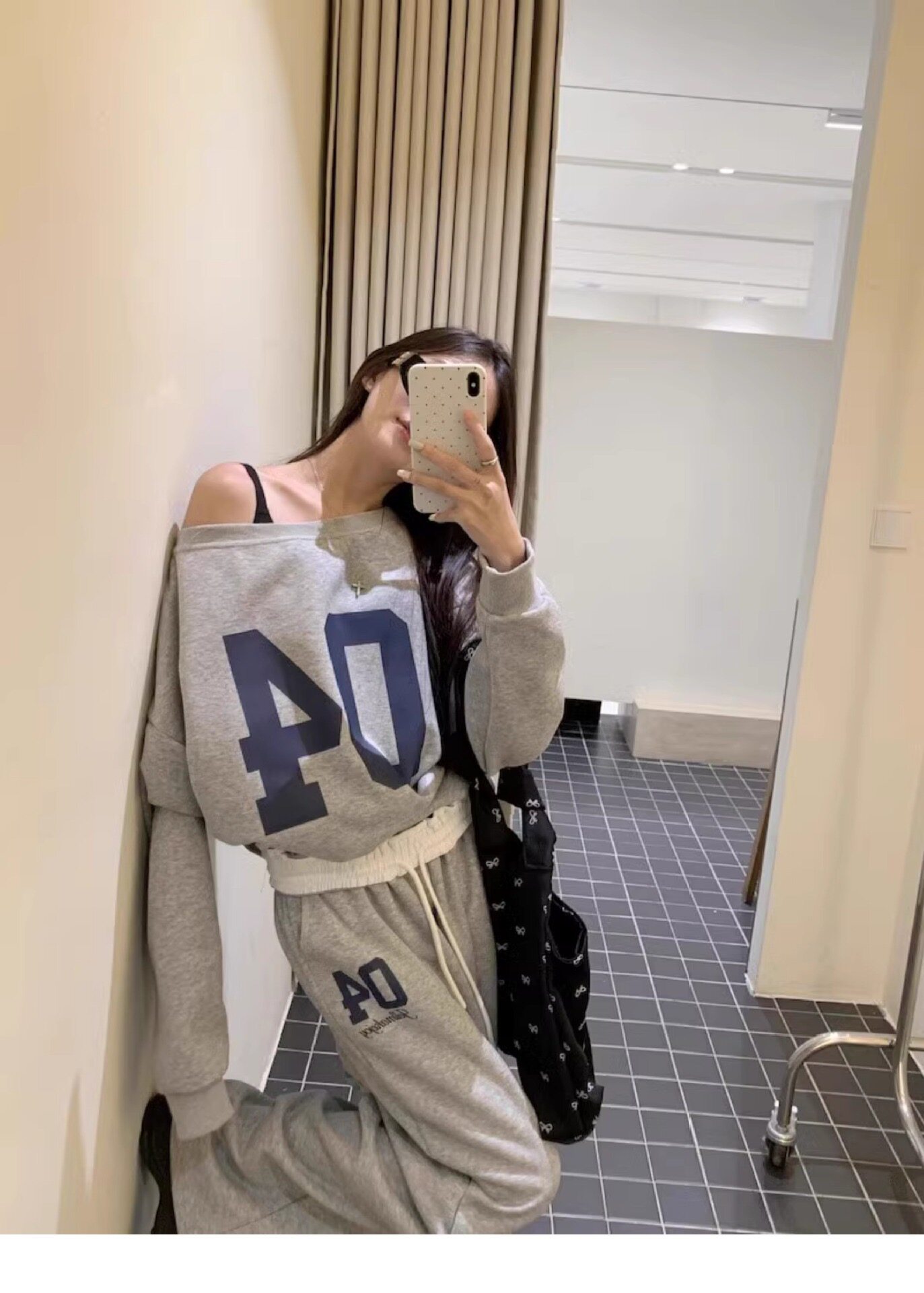 秋季复古露肩卫衣阔腿裤套装女