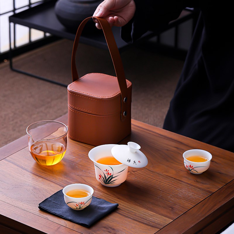 德化猪油白手绘旅行茶具旋转漂移悬停盖碗户外快客杯素烧陶瓷定制