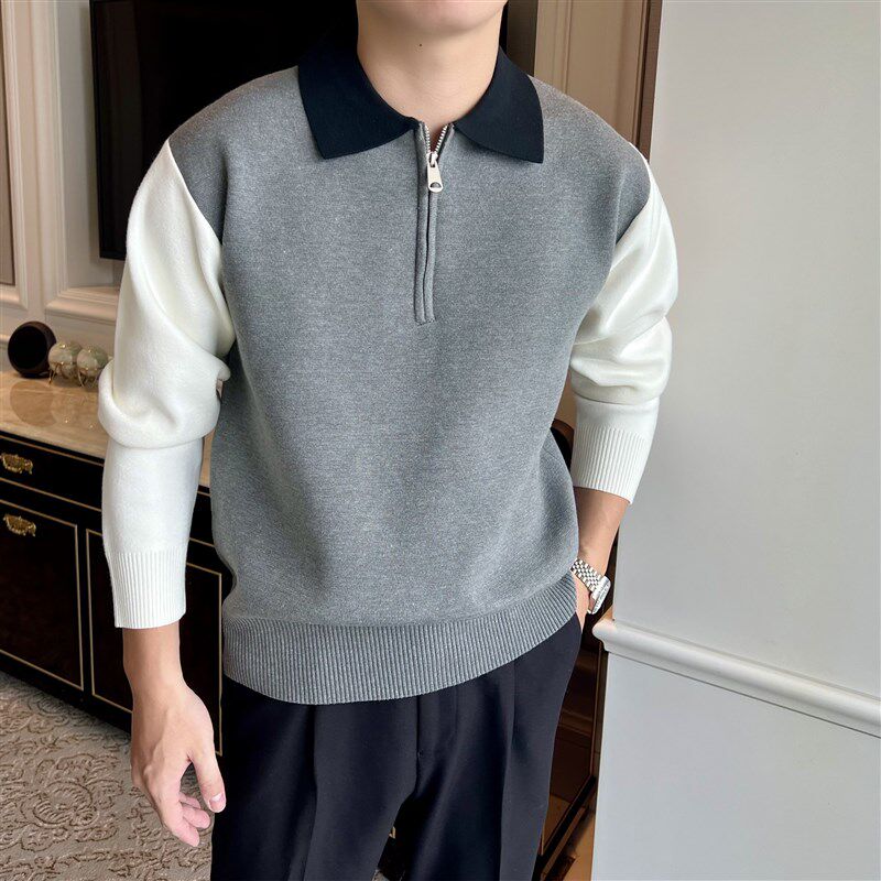 秋冬新款撞色毛衣男2024新款高级感长袖翻领polo男士休闲针织衫潮