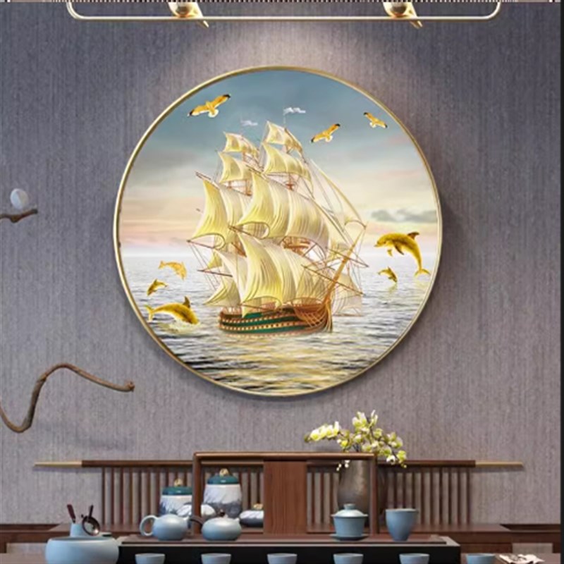 茶施姬一帆风顺玄关装饰画新中式轻奢走廊过道餐厅壁画入户门挂画