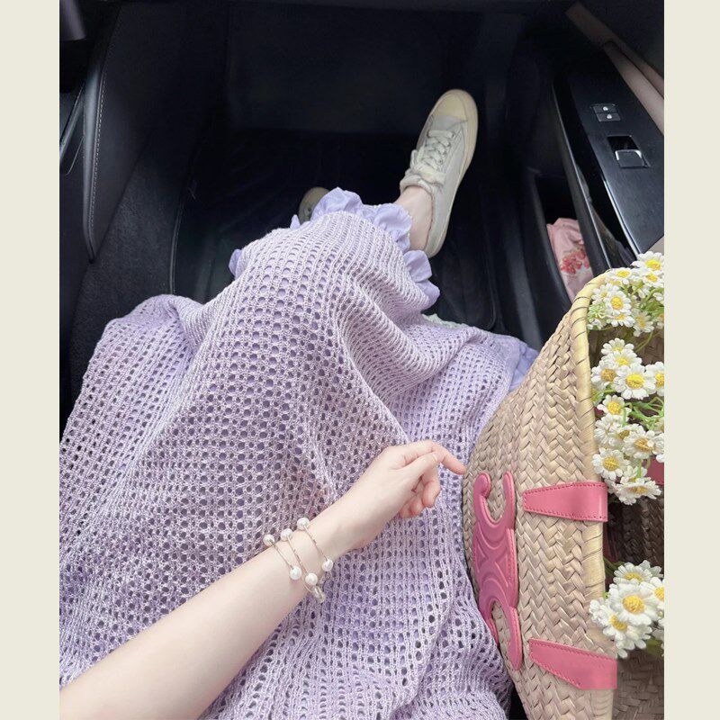 法式气质高级感紫色镂空针织背心连衣裙女夏小个子宽松显瘦吊带裙