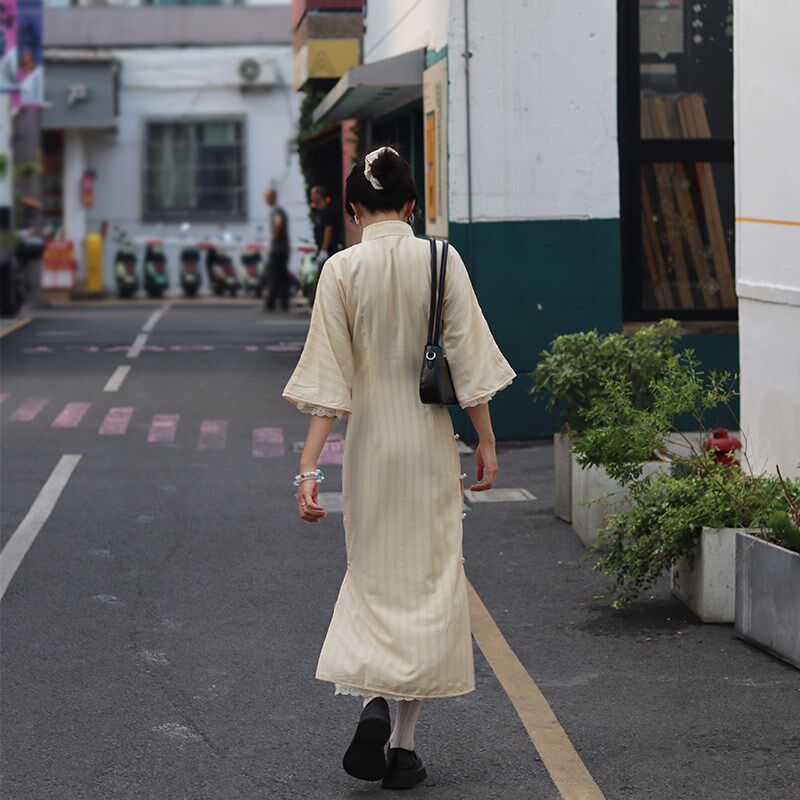 半粒甜古法全开襟旗袍2025新款素雅新中式女倒大袖春夏气质连衣裙