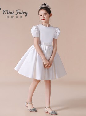 2023新款女童演出服公主裙儿童钢琴演奏礼服白色缎面演讲比赛花童