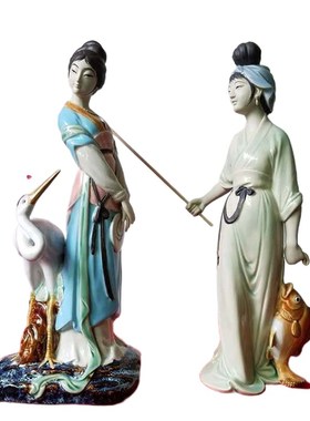 石湾陶瓷仕女仙鹤柔情工艺装饰摆件家居客厅办公室中式摆件渔女