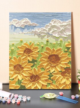 数字油画di葵填充手工蓝绘白云向日y少女治愈填色手天丙烯油彩画