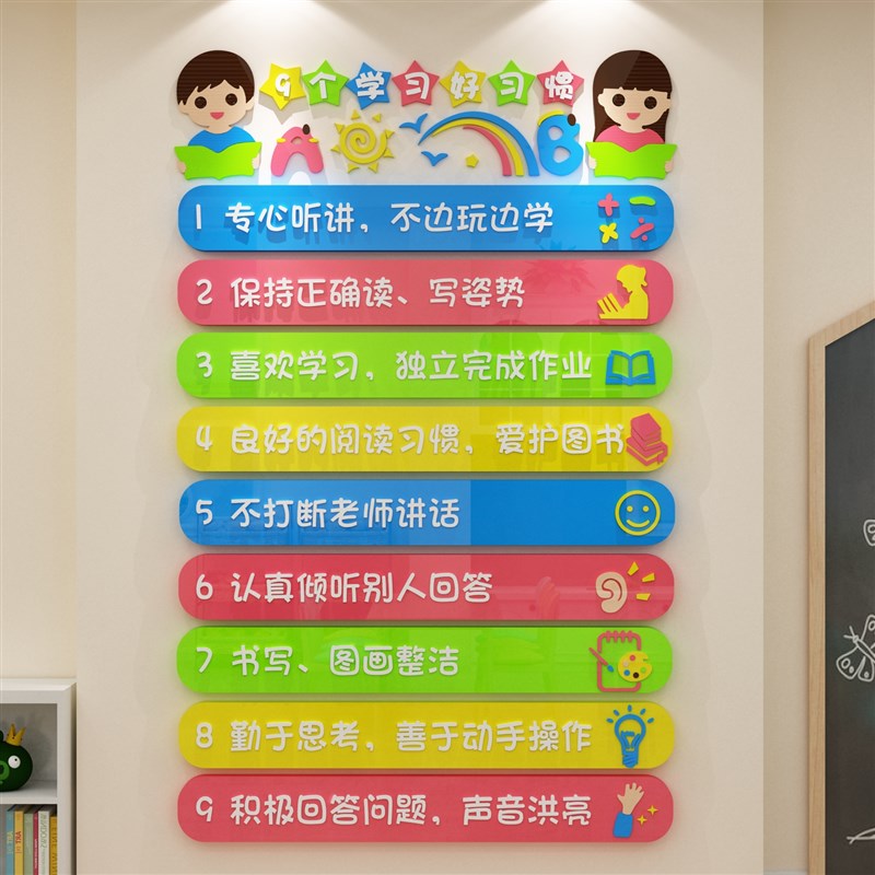 九个学习好习惯幼儿园墙面教室布置装饰培训托管班级中心文化贴纸