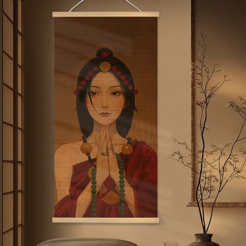 花族卓玛新中茶竹编挂画式室客厅印藏竹帘玄关背景墙装饰美女墙画