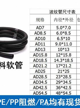 甄选尼龙PA阻燃波纹管蛇皮管浪管电缆保护套管黑色包线管 AD13/10