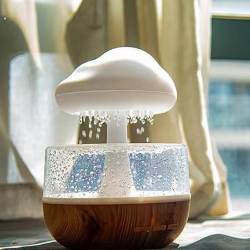 白噪音下雨加湿器加湿器七彩蘑菇云朵雨滴睡觉夜灯香薰机跨境
