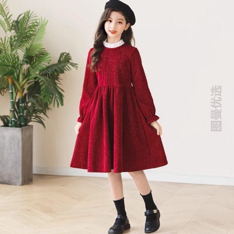 女大童拜年服女新款秋冬喜庆红色新年女孩宝宝保暖裙子气质裙冬