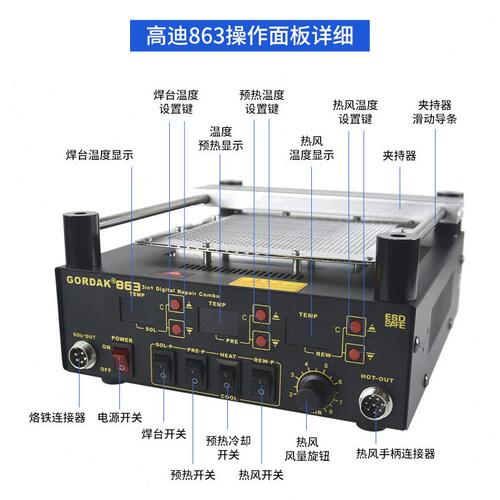 甄选迪GORDAK863三合一烙铁热风枪预热焊台BGA加热台手机维修拆焊