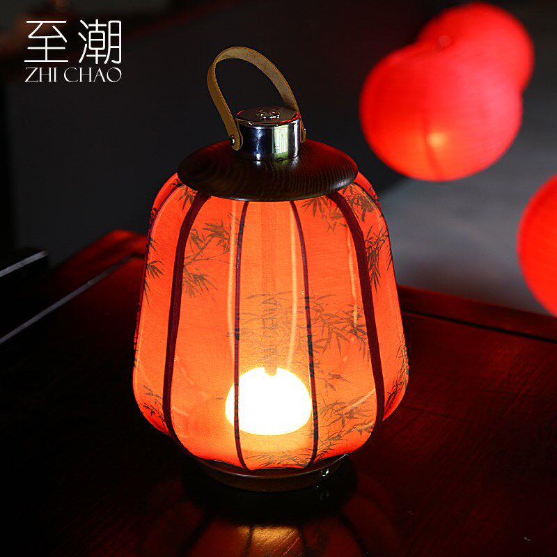 充电触摸无线手提灯笼布艺台灯中式复古床头氛围高级感书法led灯