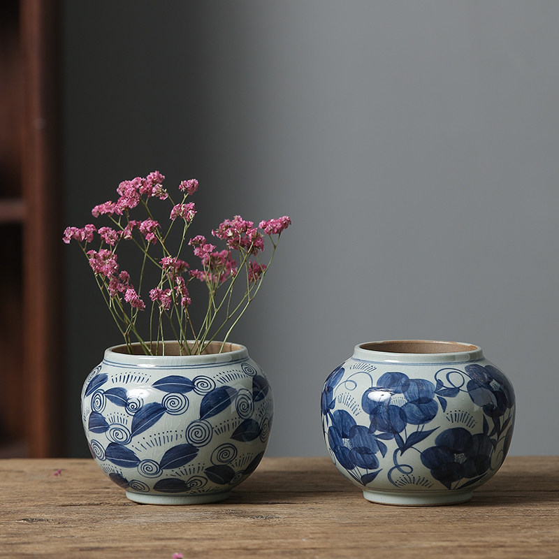 手绘青花瓷景德镇新中式陶瓷建水粗陶水盂茶渣斗茶桌摆件茶道配件