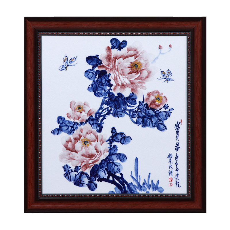 景德镇陶瓷器瓷板画中式壁画名家手绘青花写意牡丹沙发背景墙挂画