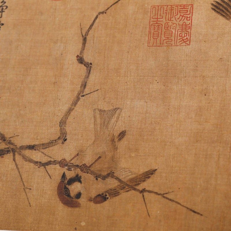茶室画中式餐厅茶社寒雀图装饰画宋式装裱楸木圆角画框客厅装饰