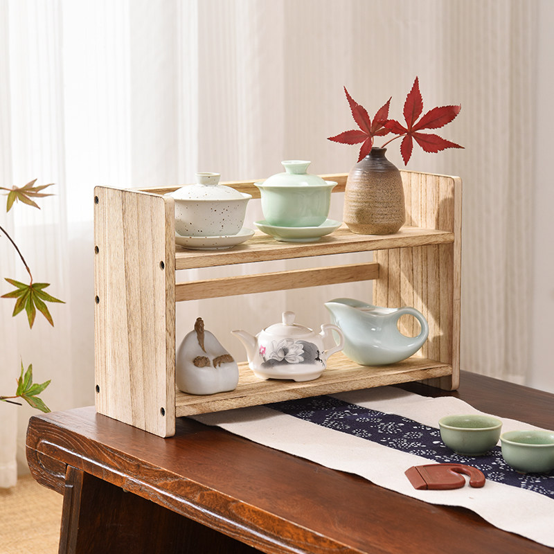 桌面博古架实木茶桌茶具搁板茶壶架子摆件展示架茶杯架收纳架子