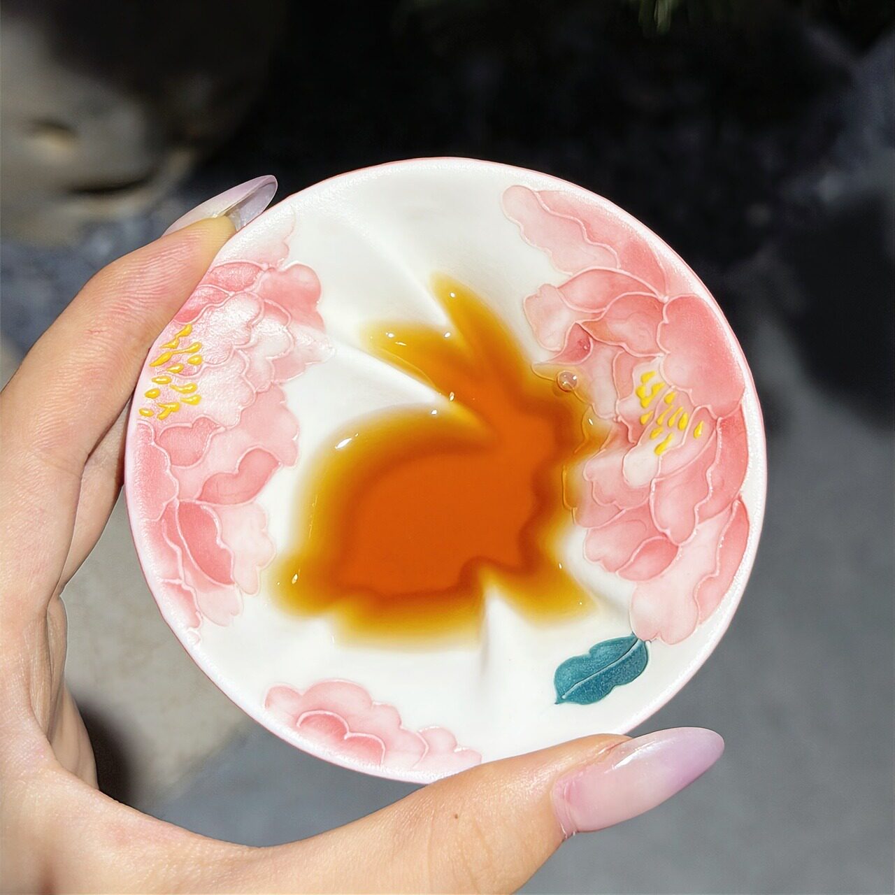 杭州景区文创陶瓷牡丹兔子杯新中式手绘粉牡丹兔子茶杯茶具70082