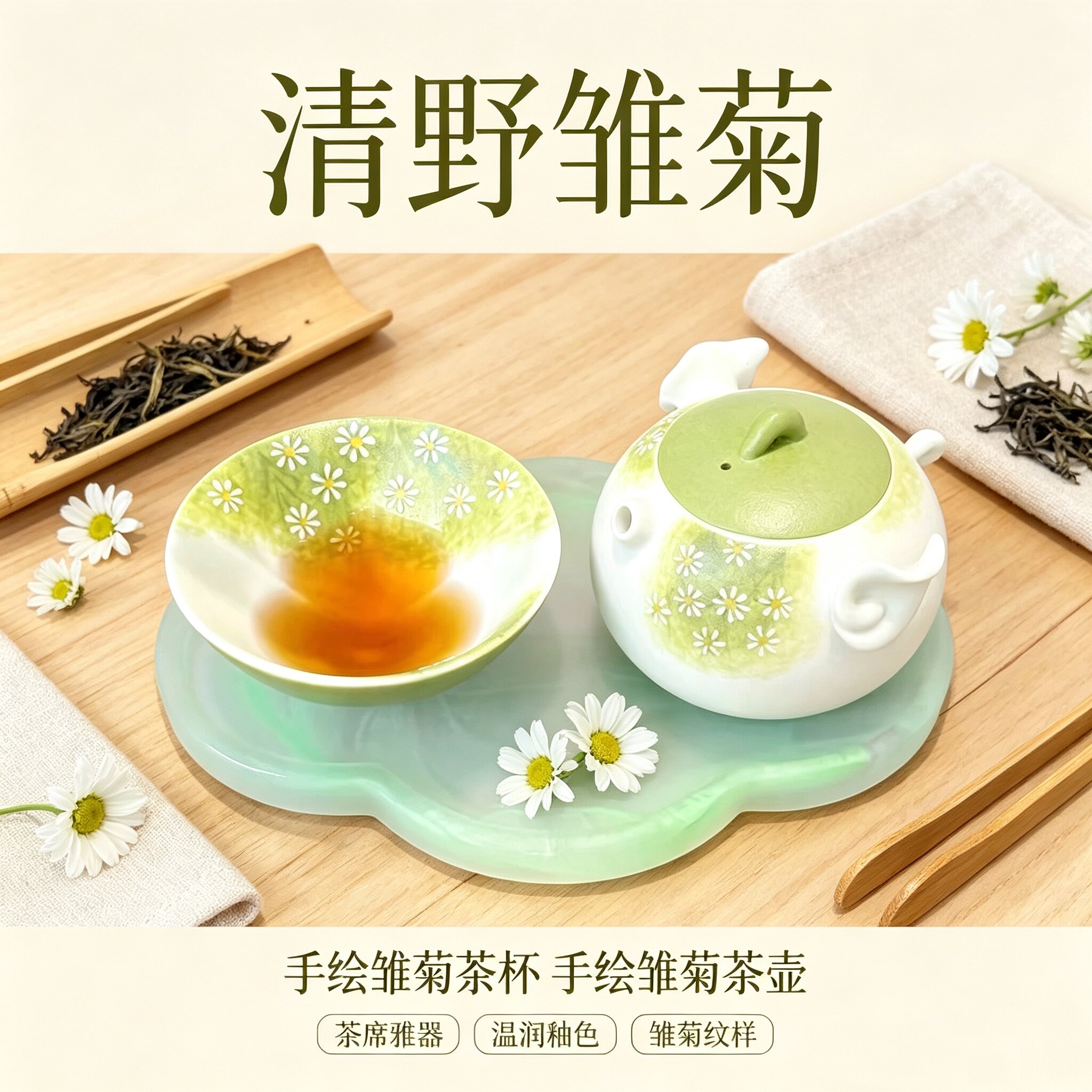 杭州景区文创陶瓷【清野雏菊系列】手绘青野雏菊茶壶茶杯 7756