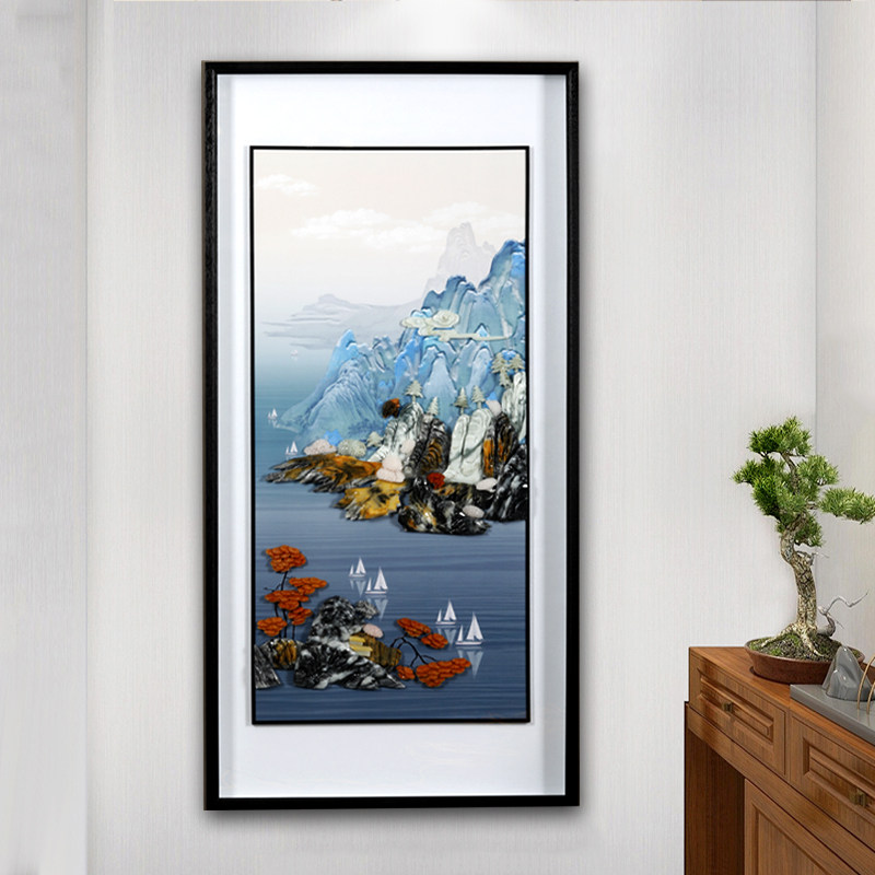 入户玄关装饰画国画山水画客厅挂画玉雕新中式竖版大幅5d立体雕刻