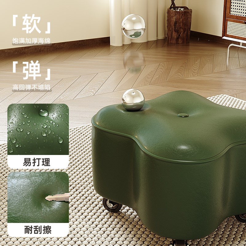 家用实木矮凳万向轮小凳子客厅静音带滑轮皮墩凳新款茶几溜溜板凳