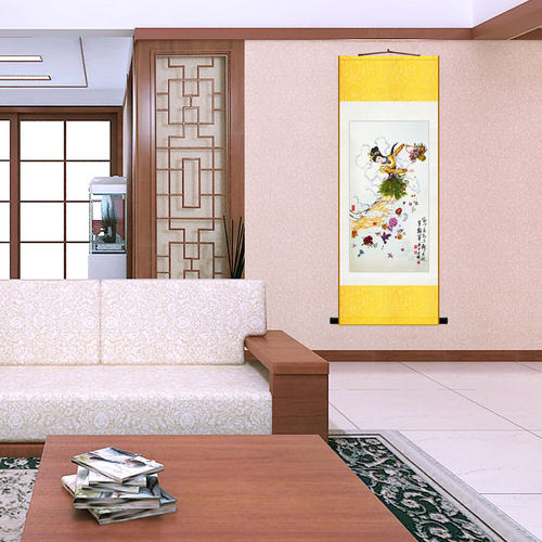 天女散花图 仙女人物画像 玄关书房客厅装饰画 绢布卷轴挂画包邮
