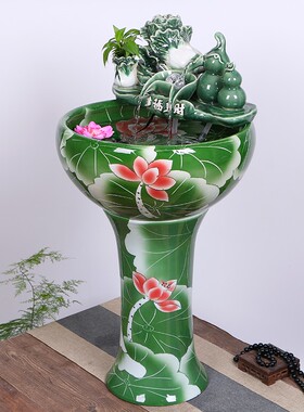 景德镇陶瓷立柱鱼缸家用流水喷泉大号乌龟碗莲养鱼盆客厅加湿造景