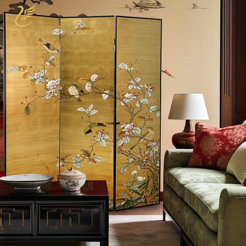 中古风手绘漆画屏风金箔花鸟茶室客厅餐厅玄关隔断沙发背景可定制