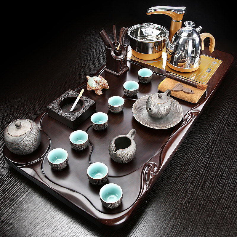 茶具烧水壶电磁炉套装家用客厅功夫茶具陶瓷整套黑檀木茶盘实木