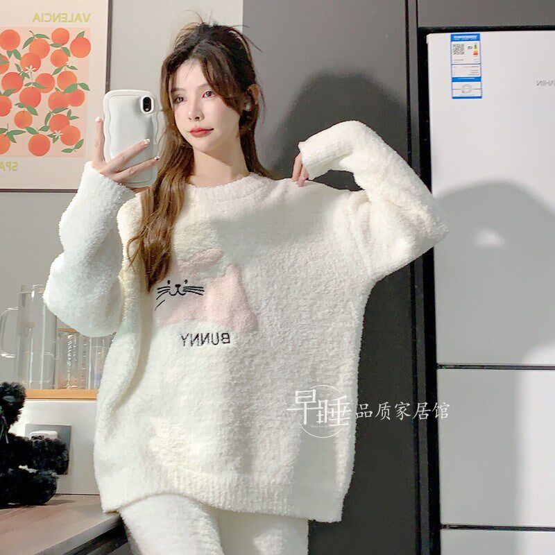 半边绒睡衣女秋冬甜美可爱小兔子软绵绵针织加绒毛线套头家居服
