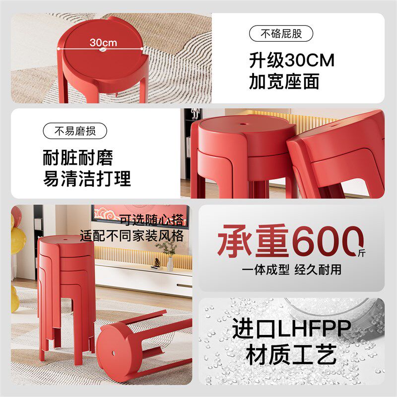 乔迁新居凳子红色塑料风车凳加厚家用餐桌可叠放结婚陪嫁婚礼椅子
