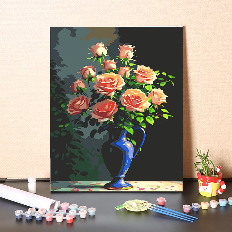 数字油画diy手工填充复古花瓶玫瑰色欧式客厅手绘涂花丙彩油烯画