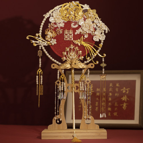 中式喜扇秀禾扇新结娘婚出嫁团扇双面古风y柄成品手工di长材料包