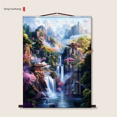 走廊客厅山水画堂背景东北堂水水画绢风画祭祀山挂画