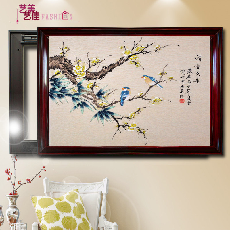 电表箱装饰画新中式实木配电箱免打孔可推拉中国画液压上翻遮挡画