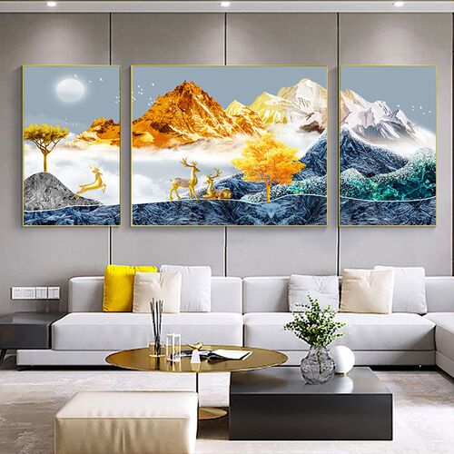 客厅中式装饰画沙发背景墙三联挂画寓意好的新款晶瓷画大气山水画