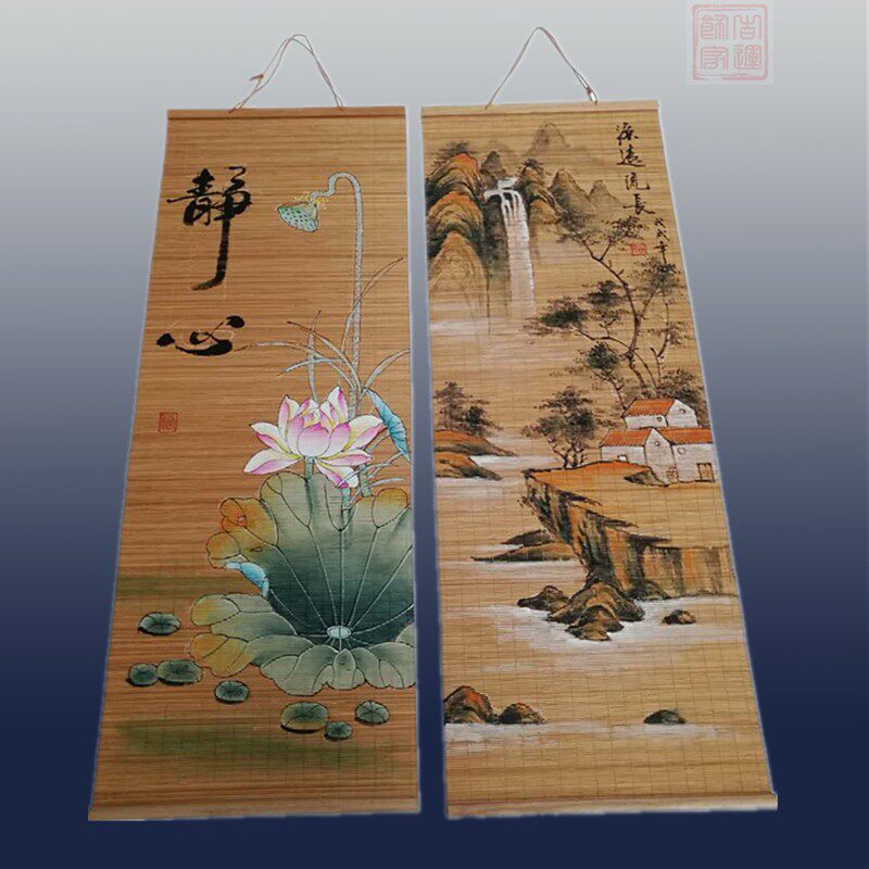 茶室手绘竹帘挂饰装饰墙壁挂件墙面窗帘卷帘中式复古禅意竹编家用