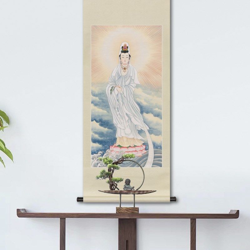 工笔人物国画一叶观音菩萨画像白衣观音洒水观音中式卷轴供奉挂画