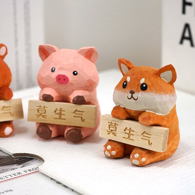 莫生气手工木雕小摆件情面稳爱柴犬猫咪动物可定办公室桌绪装饰品