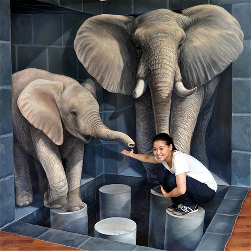 大象3D立体网汽车艺术墙壁画地卡油画素材墙贴墙地面画红打贴墙贴