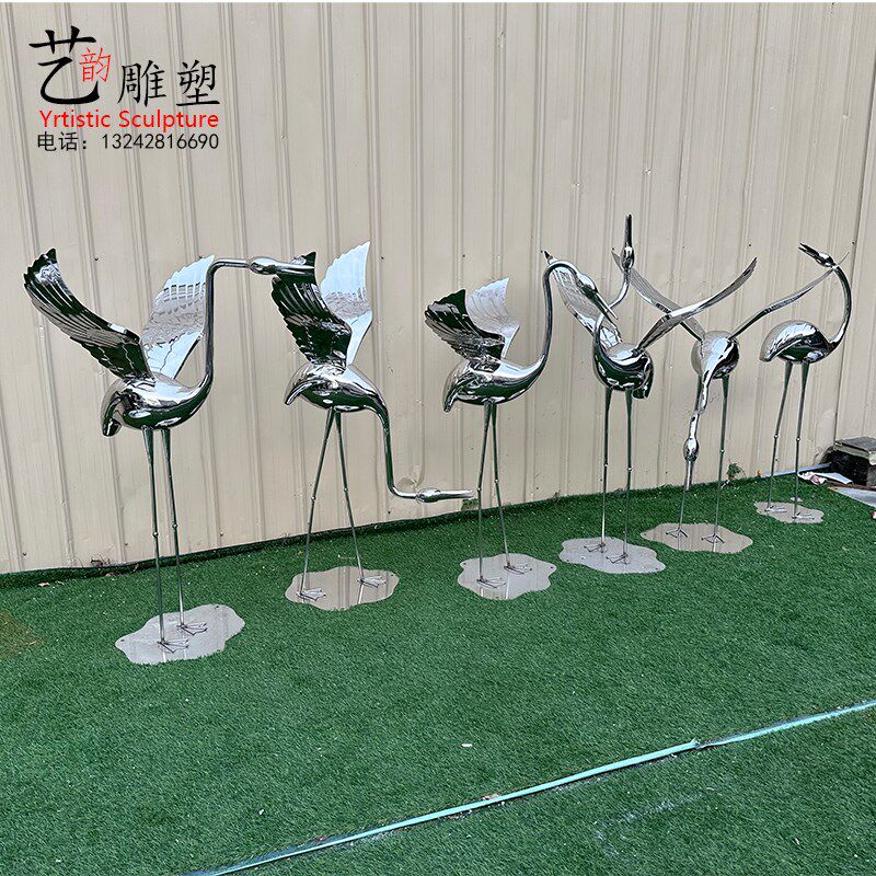 售楼部水景不锈钢仙鹤景观雕塑户地水池金属大外烈鸟现代落火摆件