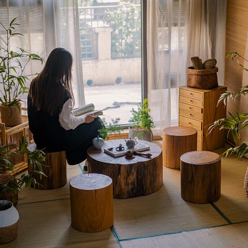 木墩子坐凳实木圆柱艺术民宿底地装饰摆件边几小茶木几桩落座花架