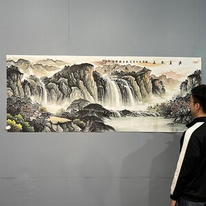 纯手绘国景山水横幅远六尺源小流长客厅沙发背画墙电视墙装饰画