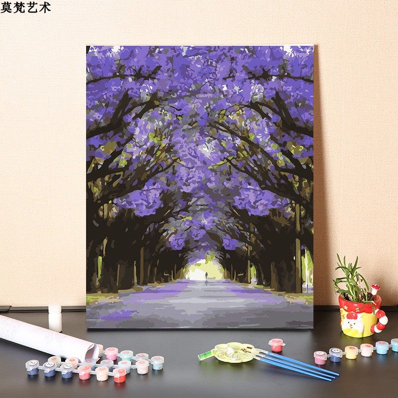 数字油画diy手工浪漫蓝花楹树林小道填充手绘色涂风景画油彩画画