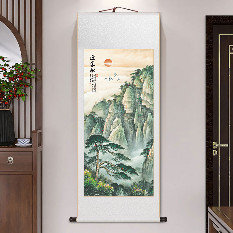迎客松山水画玄关画中式客厅装饰画泰山图办公室卷轴挂画茶室壁画