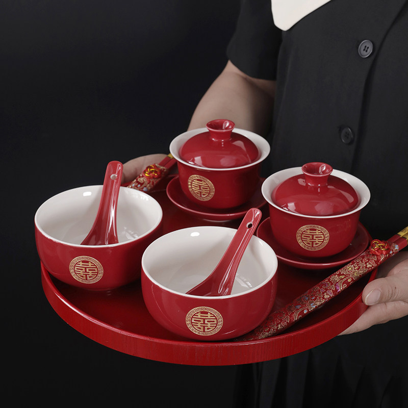 婚嫁敬碗杯结婚喜茶套装敬酒茶杯改口对碗红碗一对碗筷红色陪礼